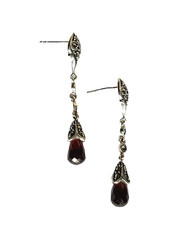 VINTAGE GARNET & MARCASITE STERLING SILVER LONG DROP EARRINGS