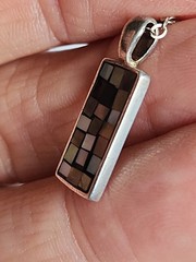 Vintage Mosaic Abalone Inset Rectangular Pendant & 18″Chain Necklace .925 Silver