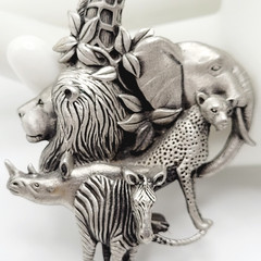 Fable Safari Africa Animal 3D Sculpted Pewter Silver Tone Collage Vtg Brooch Pin