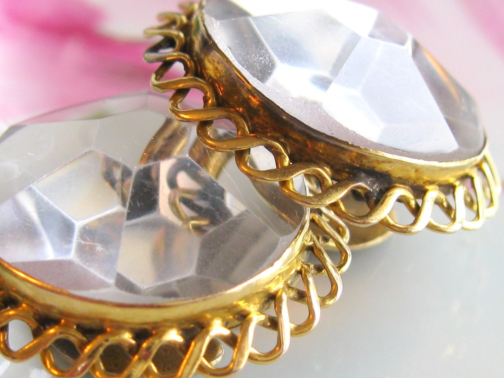 ANTIQUE 14K GOLD FACETED CUT GLASS ROCK CRYSTAL CUFF LINKS SLEEVE STUD BUTTON