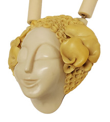 June Metaxides Art Nouveau Resin Figural Beauty Pendant Bead Necklace GF Chain