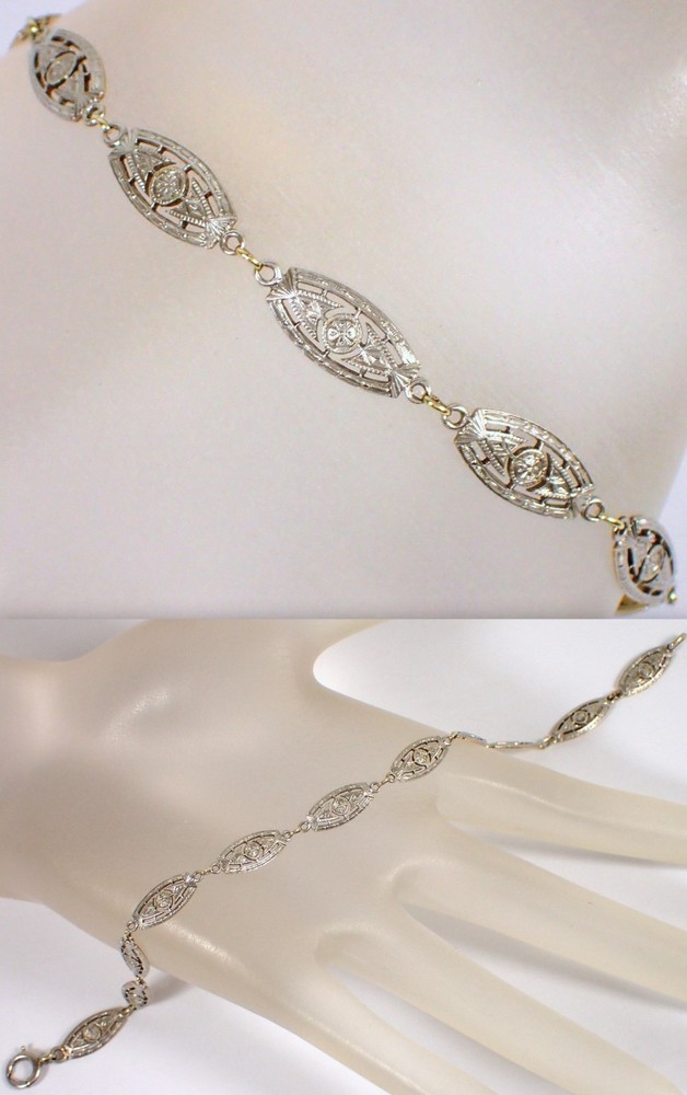 Antique Art Deco 5.6g SOLID 14k Yellow White Gold Two Tone Filigree Bracelet