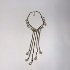 Vintage Art Deco Brass Glass Dangler Faux Pearl Statement Necklace