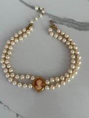 Vintage Double Strand Faux Pearl Cameo Necklace