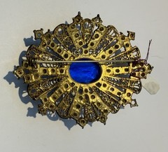 Vintage Antique Czech Gilt Filigree Cobalt Blue Glass Brooch Pin-Estate