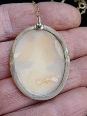 19th Century Carved Shell Portrait Cameo Pendant Necklace Gold Filled Chain Oval