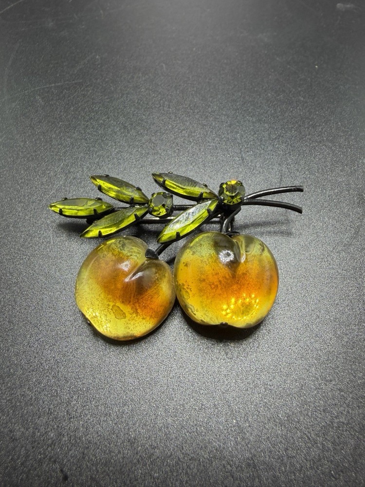 Vintage Austria Forbidden Fruit Frosted Glass Double Peach Brooch