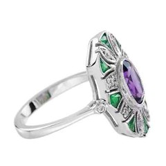 Art Deco Style Lab Created Diamond Amethyst Emerald Ring 14k White Gold Finish