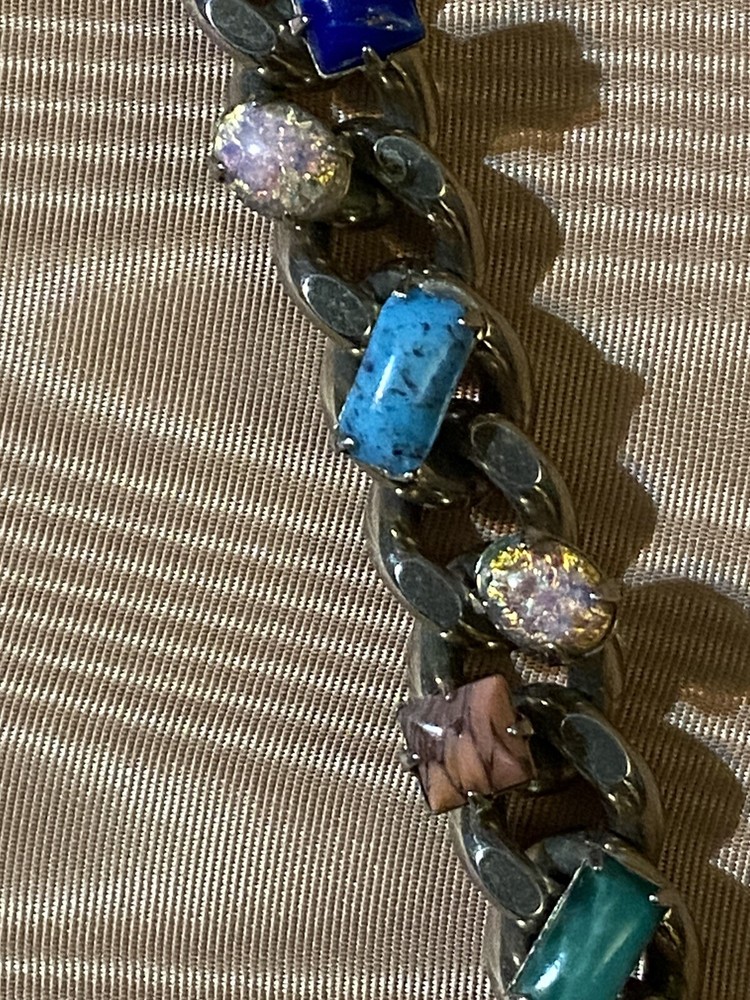Pot Metal MCM Chain Bracelet Semi- Precious Gems Pronged Cabochon Set