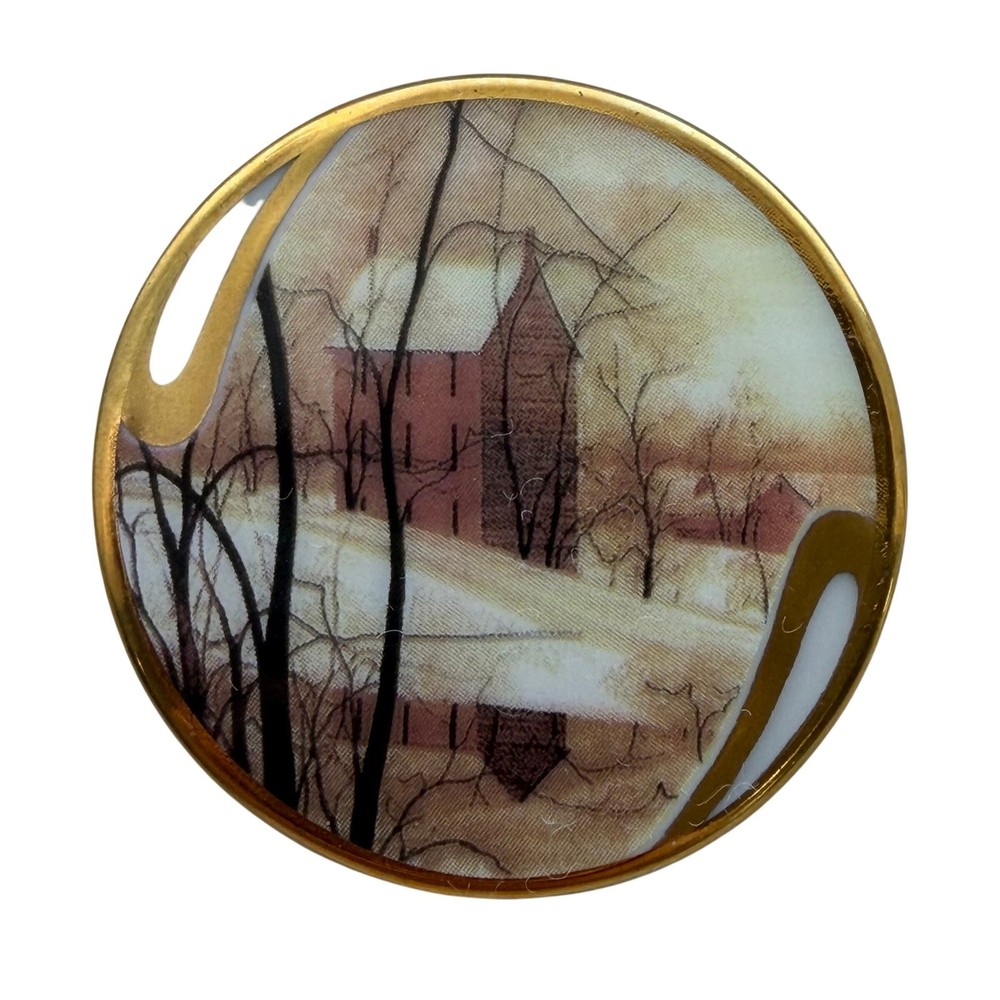 P Buckley Moss Golden Winter 1995 Porcelain Brooch Pendant Anna Perenna Art 2″