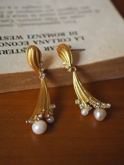 Vintage Pearl Gold Drop Earrings Crystal Statement Mid Century Modern Jewelry