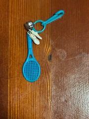 Vintage 80s Bell Charm Blue Tennis Racket White Sneaker Shoes Plastic Clip On
