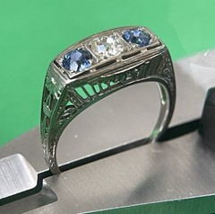 18k White Gold Art Deco Natural European Cut Diamond & Sapphire Ring