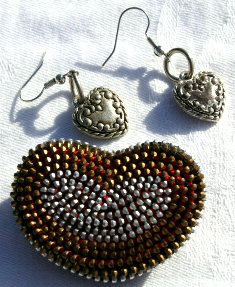 Silver Tone Puffy Hearts Pierced Earrings Studded Heart Brooch Vtg