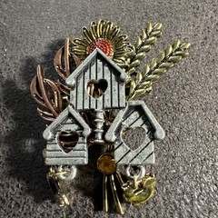 Tri-Colored Birdhouse Brooch Pin Sunflower Leaves Dangling Birds Fall Vintage
