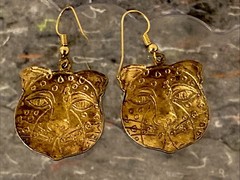 Laurel Burch VTG.70s Cloisonne Leopard Cat Enamel Dangle Drop Hook Earrings 1.5”
