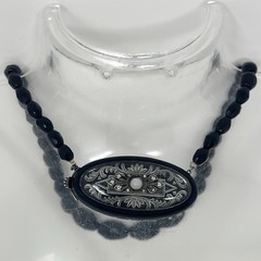 Vintage Art Deco 14” Black Glass French Jet Beaded Ornate Silver Tone Necklace