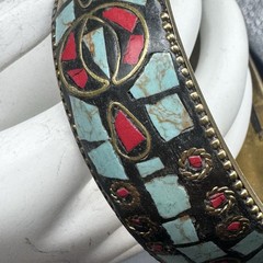 Nepalese Brass Bangle Bracelet Mosaic Turquoise Coral Inlay Boho Ethnic Jewelry
