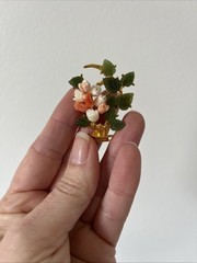 Vtg Signed SWOBODA Flower Basket Pin Brooch w/ Carved Natural Coral and Jade