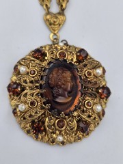 West Germany Rootbeer Cameo Set Filigree Faux Pearl Rhinestone Necklace