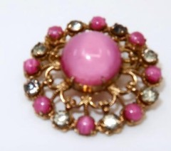 Vintage Pink & Purple Prong Set Stones Button Pendant, Brooch or Pin, 1 1/4″