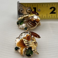 Vintage Edlee Molded Glass Gold Tone Green Amber Rhinestone Chunky Earrings