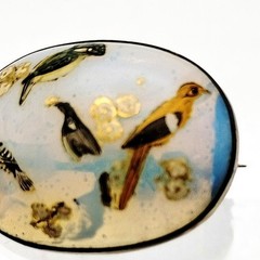 Antique Opalescent Glass Brooch Hand-Painted Birds C Clasp Victorian 1.5″