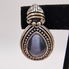 VTG Smoky Gray Cats Eye Moonstone Earrings Clip On Silver Tone Ornate Retro