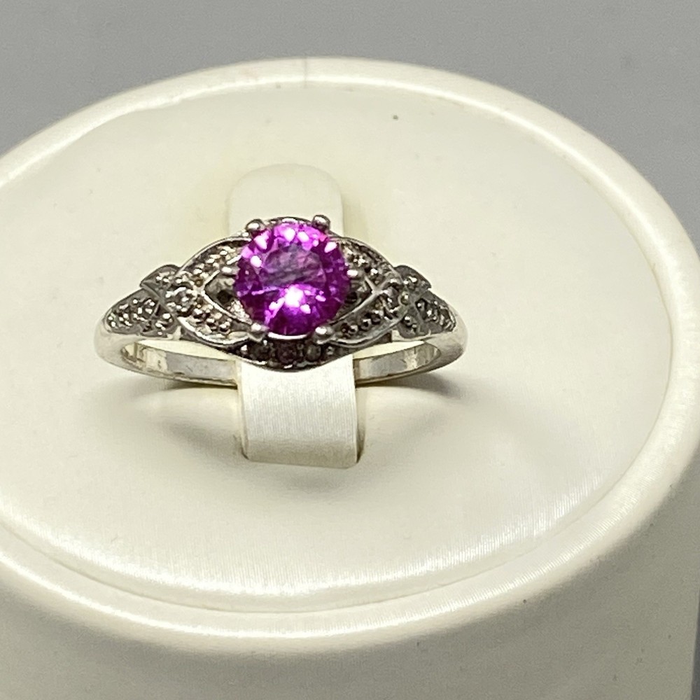 Pink Sapphire Ring Silver Tone Band Round Faceted Stone Ornate Birthstone 8
