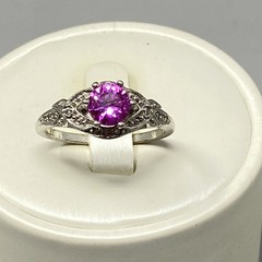 Pink Sapphire Ring Silver Tone Band Round Faceted Stone Ornate Birthstone 8