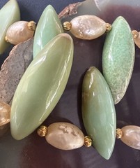 Heavy Vintage Unique Large Green Marquise Shape Opals & Faux Pearl Push in Clasp