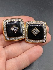 Vintage Good Quality Black Enamel and Rhinestones Gold-Tone Clip On Earrings