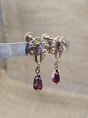 Art Nouveau Red Glass Screw Back Dangle Earrings Gold Tone