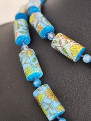 Vintage Blue Polymer Clay Barrel Beads Butterfly Floral Printed Design Necklace
