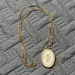 Vintage Floral Cameo Gold Tone Necklace Rose & Pansy Resin Reverse Painted