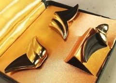 Vintage Yellow Gold Tone & Black Kreisler Cufflinks & Tie Clip/Bar Set w/Box