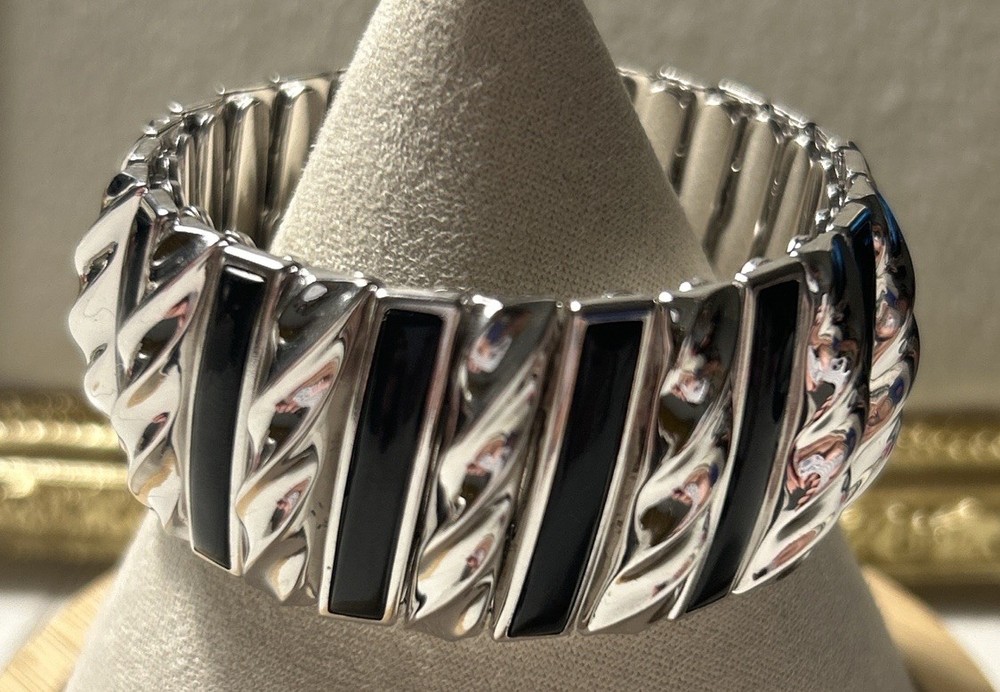 Vintage Leading Lady Harwood Expandable Bracelet Black Silver 90s 6.25”-7” 57g