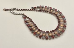 Vintage Juliana Style Pink Art Glass Rhinestone Statement Necklace Silver Tone