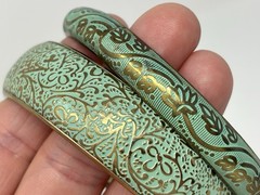 Boho Vintage Style Teal Green Embossed Brass Bangle Bracelet Mixed Set (3) Stack