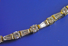Vintage JJT Gold Tone Sterling Silver Round & Baguette CZ Tennis Bracelet (Ta)