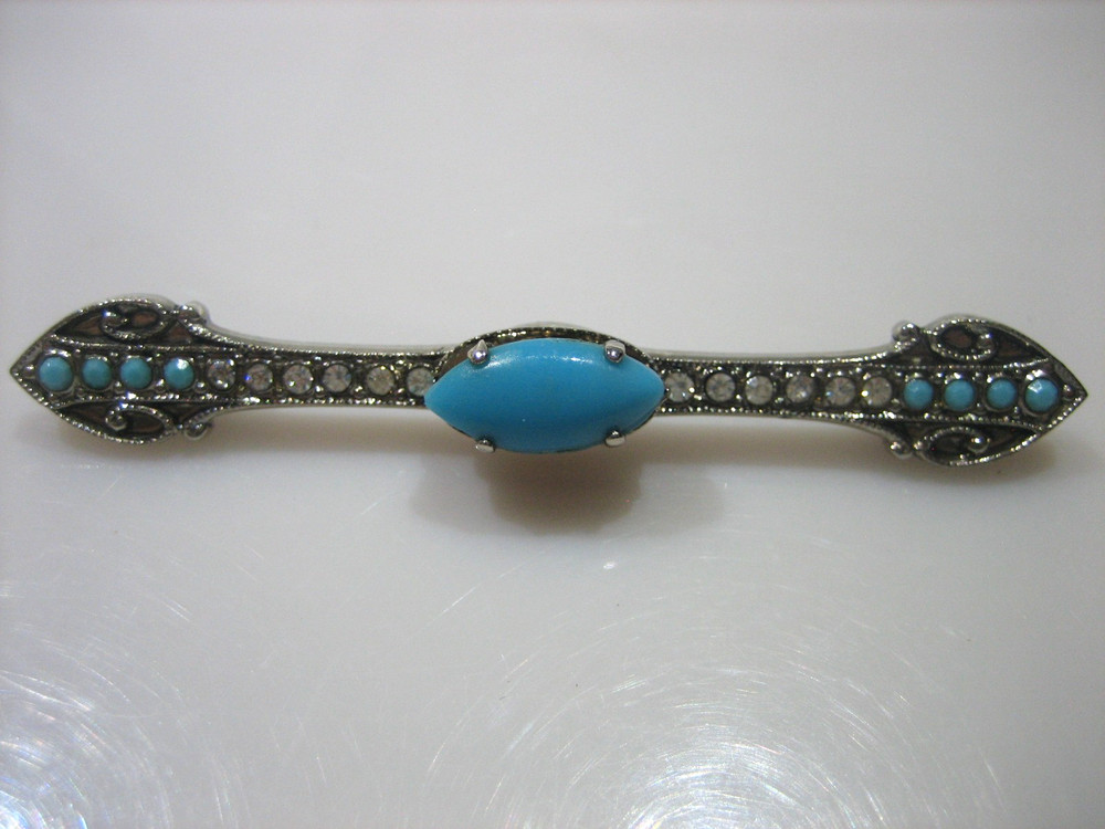 STUNNING VINTAGE SILVER FAUX TURQUOISE RHINESTONE TROMBONE CLASP BROOCH
