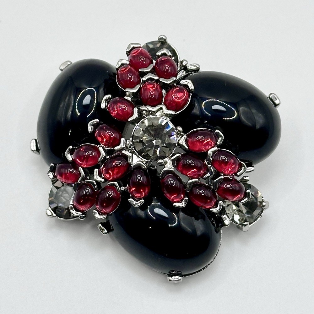 Vintage Unique Rhinestone Lucite Brooch Red Black Acrylic Cabochons 2”