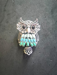 Large Vintage Owl Brooch Blue Green Enamel Rhinestone Silver Tone Bird Pin 64mm