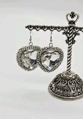 Heart Crystal Earring Silver Tone Pierced Dangle Couture Rhinestone 3D 2.5 in