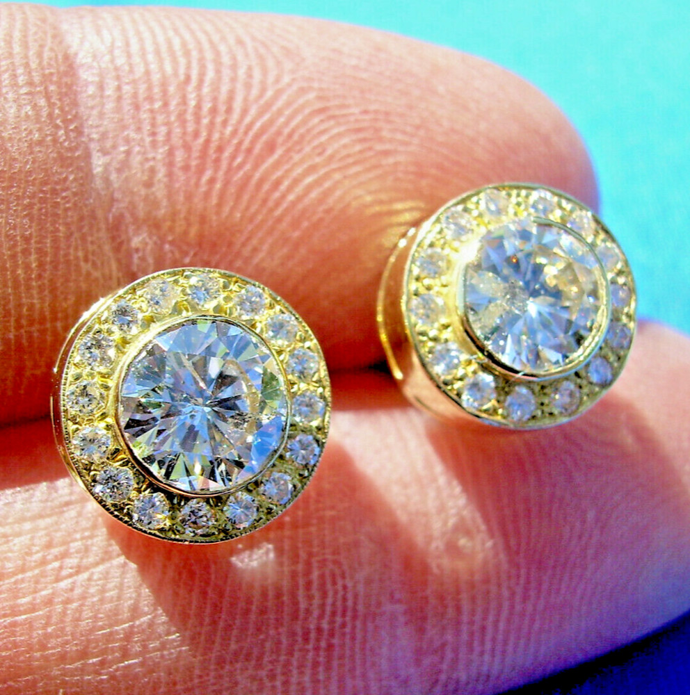Original EARTH MINED DIAMOND Deco Bezel set Halo Studs Earrings SOLID 18K GOLD