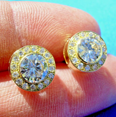 Original EARTH MINED DIAMOND Deco Bezel set Halo Studs Earrings SOLID 18K GOLD