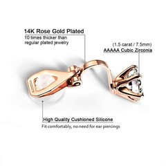 14K Rose Gold Plated 1.5 Carat CZ Clip-On Earrings – 7.5mm Round Cut Simulate…