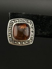 Vintage Sterling 925 Baltic Amber Small Marcasite Square Shape Earrings