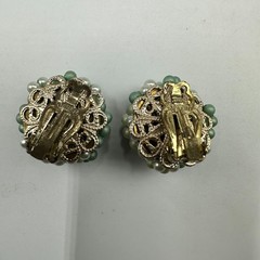 Vintage Japan Clip On Earrings Green Baguette Faux Pearl Beaded Cluster