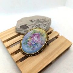 Limoges France Vintage Oval Porcelain Rose Flower Brooch Pin Trombone Clasp